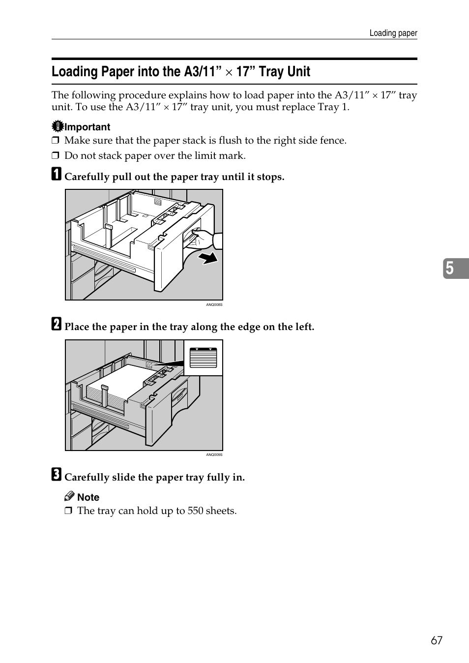 Loading paper into the a3/11” x 17” tray unit, Loading paper into the a3/11, 17” tray unit | Ricoh feeder User Manual | Page 73 / 126