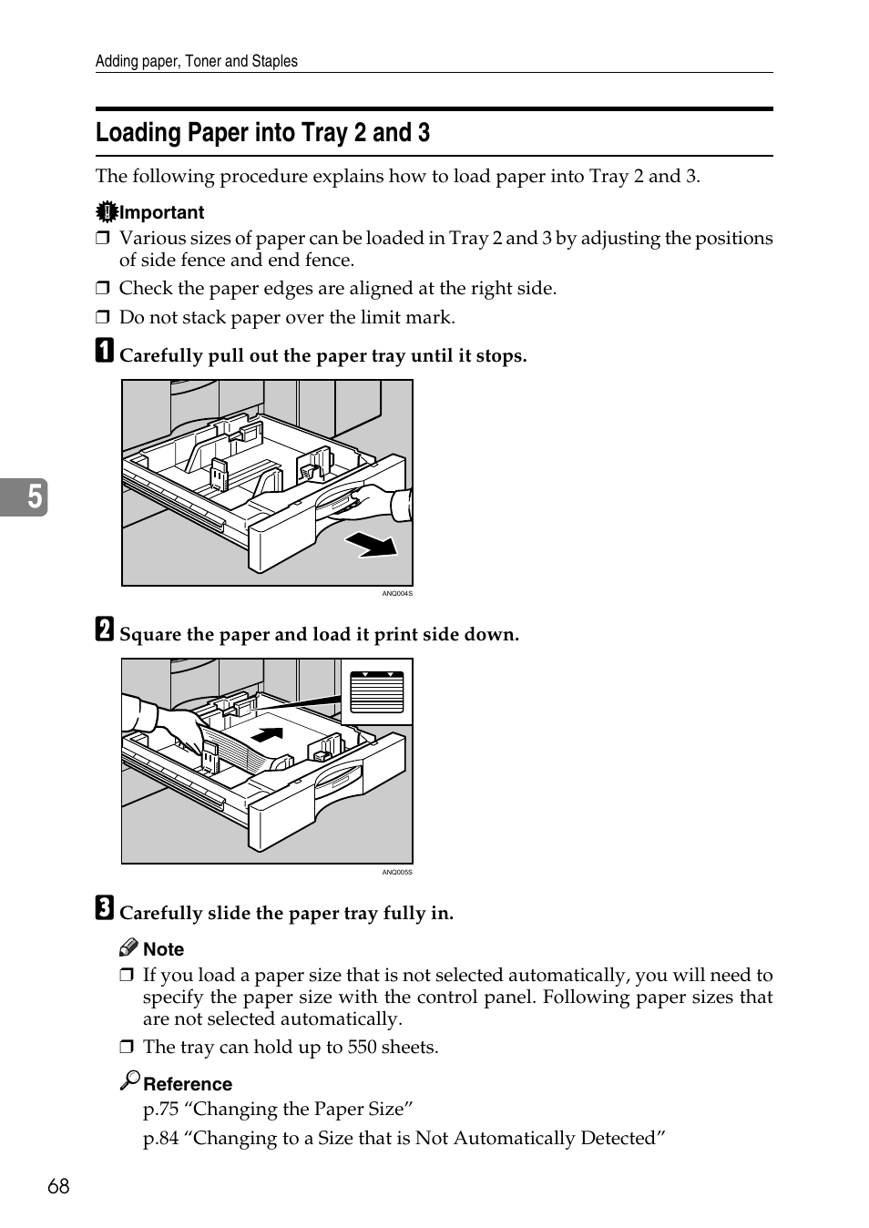 Loading paper into tray 2 and 3 | Ricoh feeder User Manual | Page 74 / 126