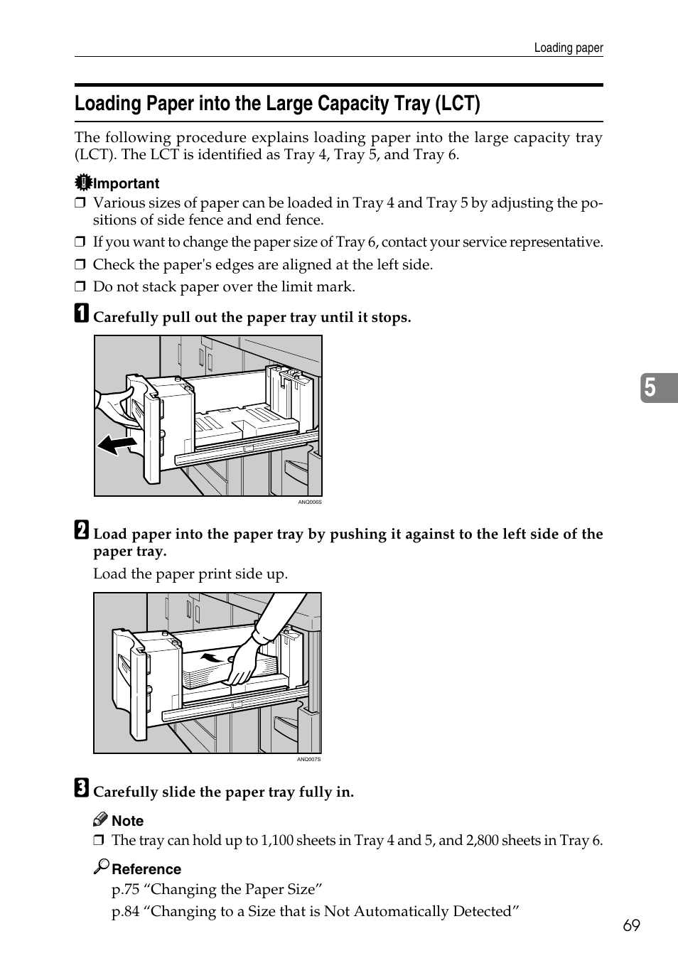 Loading paper into the large capacity tray (lct) | Ricoh feeder User Manual | Page 75 / 126
