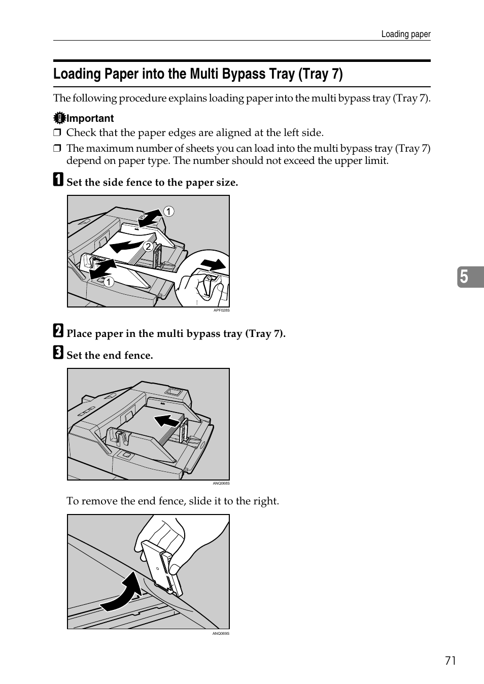 Loading paper into the multi bypass tray (tray 7) | Ricoh feeder User Manual | Page 77 / 126