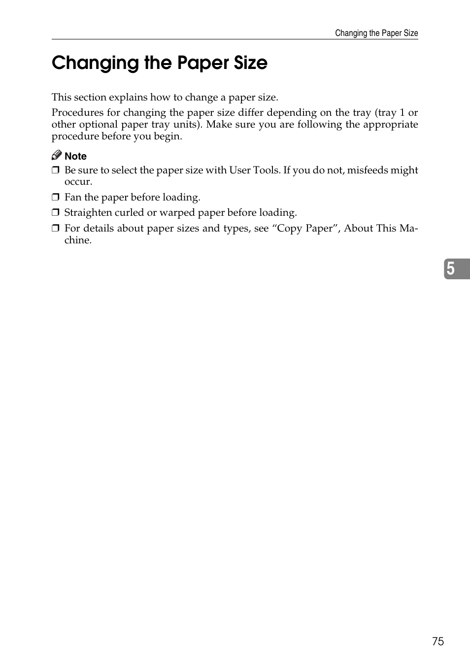 Changing the paper size, See p.75 “changing the paper size, 5changing the paper size | Ricoh feeder User Manual | Page 81 / 126