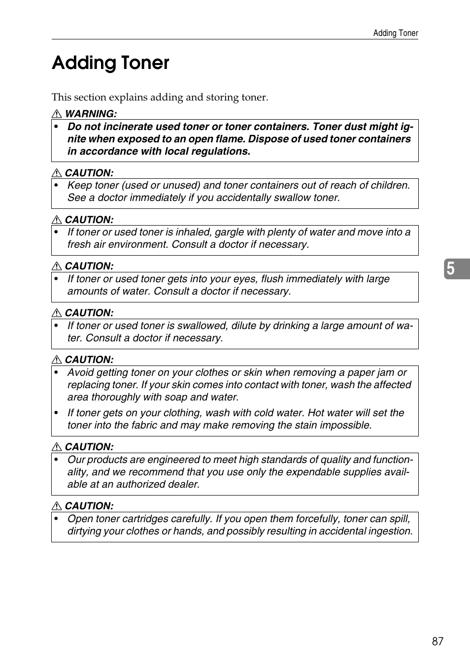 Adding toner, See p.87 “adding toner, P.87 “adding toner”, and | 5adding toner | Ricoh feeder User Manual | Page 93 / 126