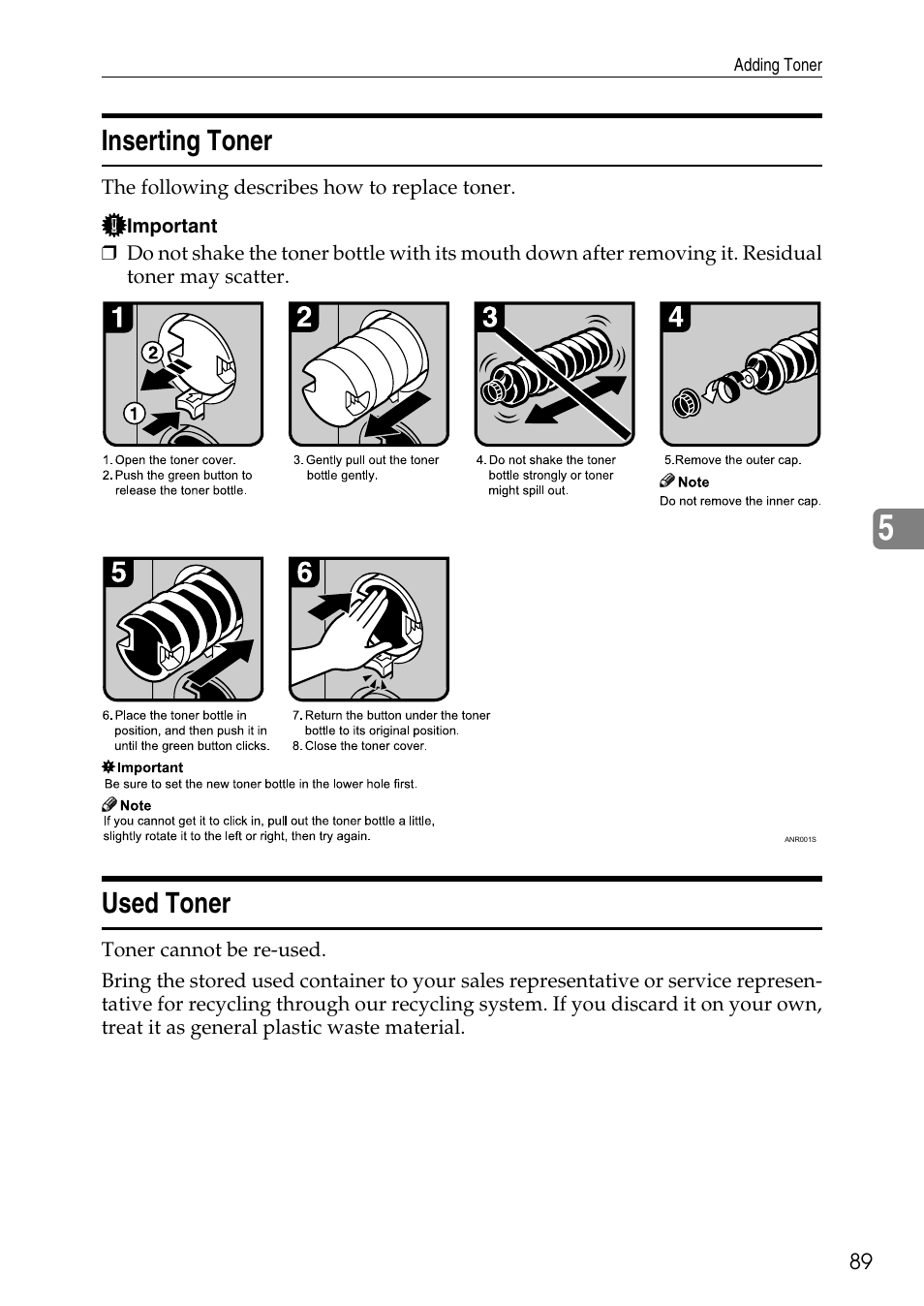 Inserting toner, Used toner, Inserting toner used toner | Ricoh feeder User Manual | Page 95 / 126