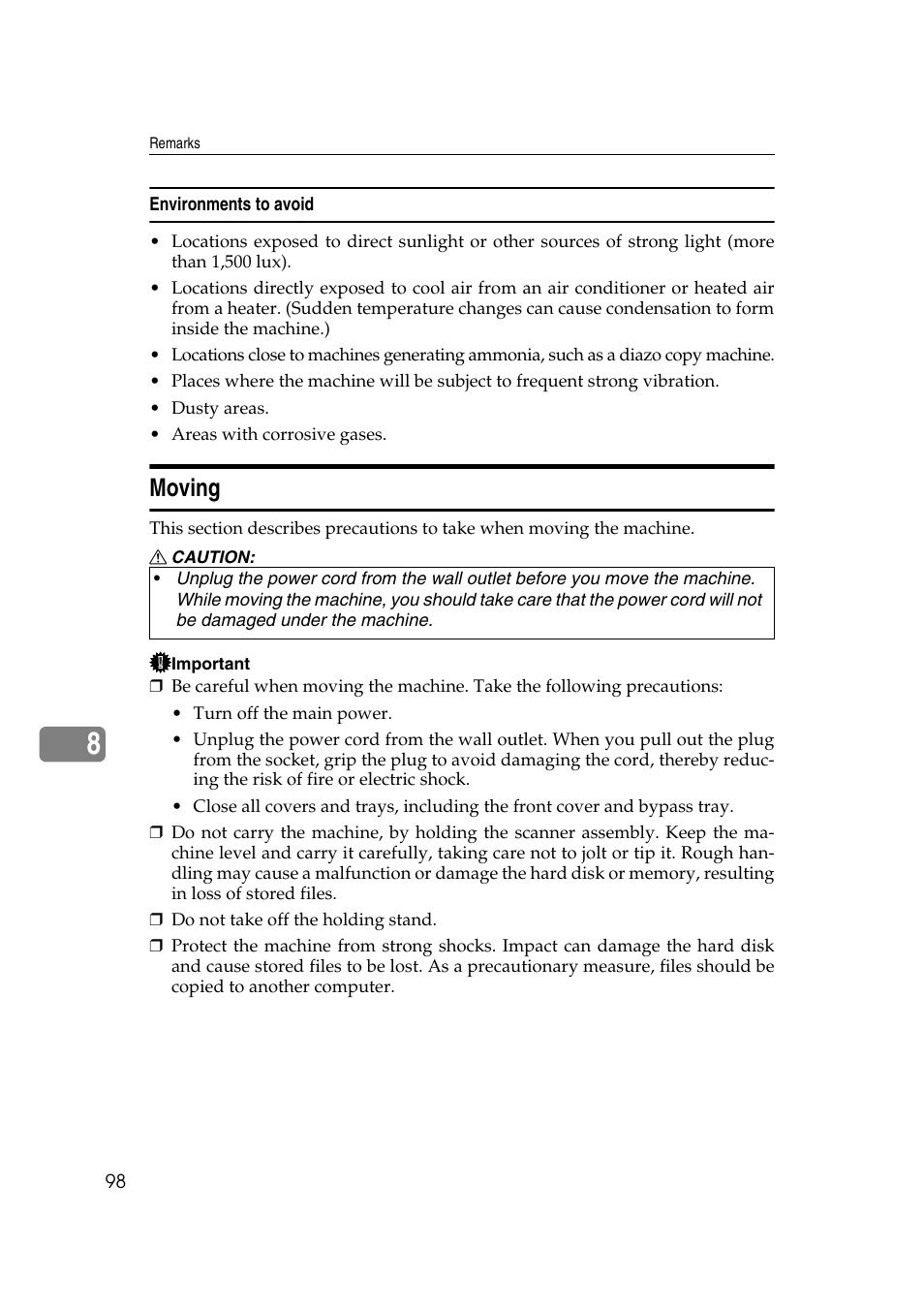 Environments to avoid, Moving | Ricoh 8030e User Manual | Page 106 / 114