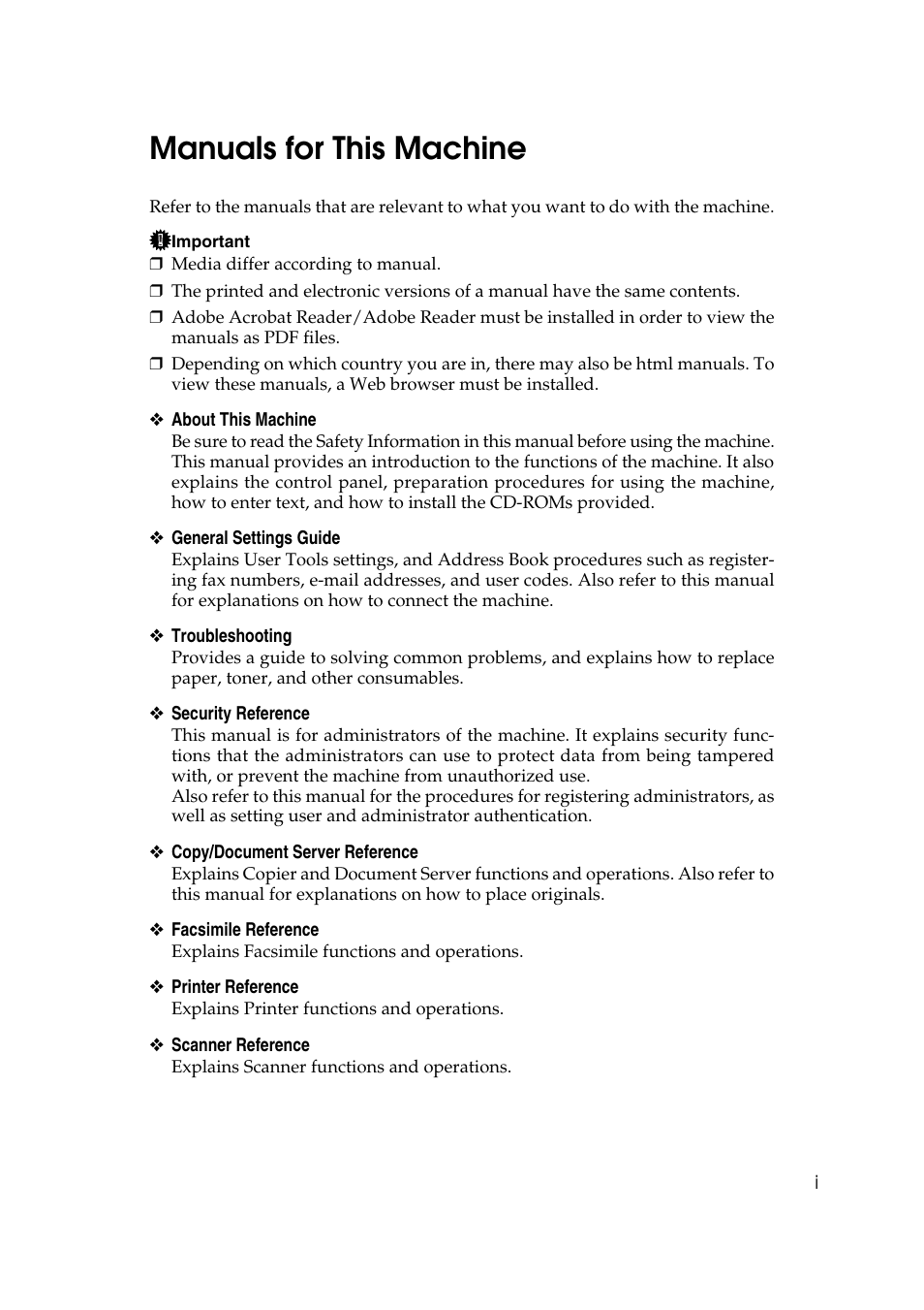 Manuals for this machine | Ricoh 8030e User Manual | Page 3 / 114