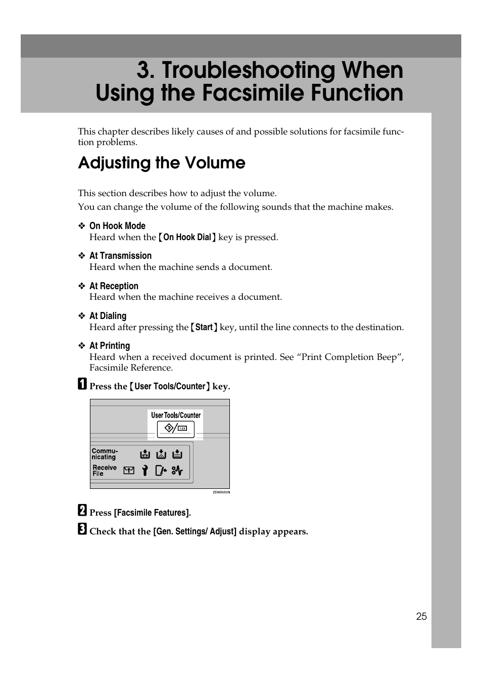 Adjusting the volume, Troubleshooting when using the facsimile function | Ricoh 8030e User Manual | Page 33 / 114