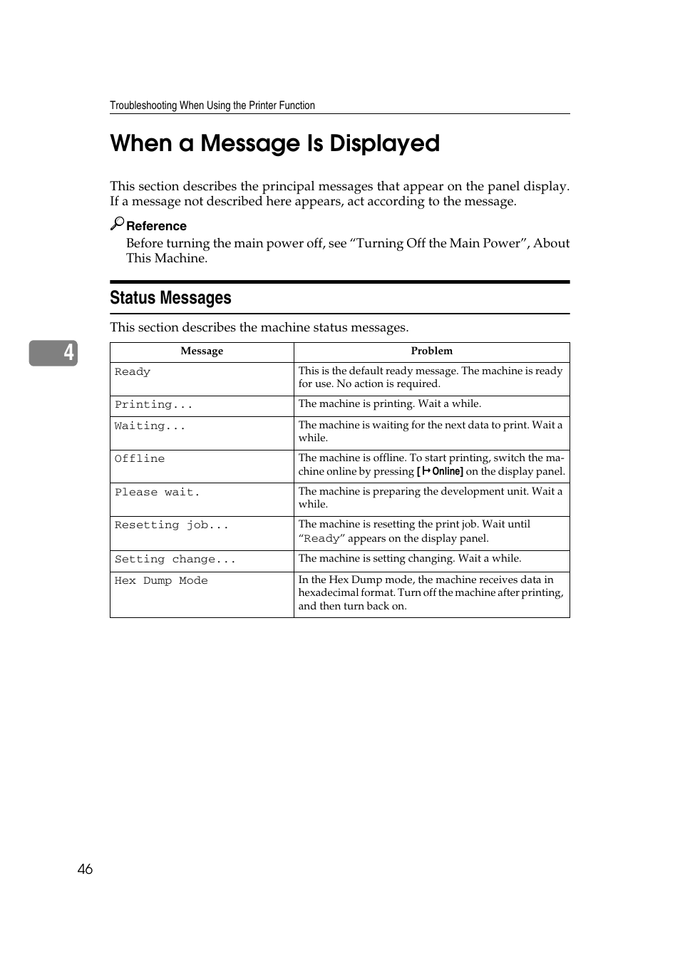 When a message is displayed, Status messages, P.46 “when a message is displayed | 4when a message is displayed | Ricoh 8030e User Manual | Page 54 / 114