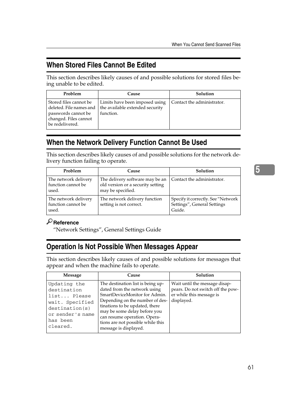 When stored files cannot be edited, When the network delivery function cannot be used, Operation is not possible when messages appear | Ricoh 8030e User Manual | Page 69 / 114