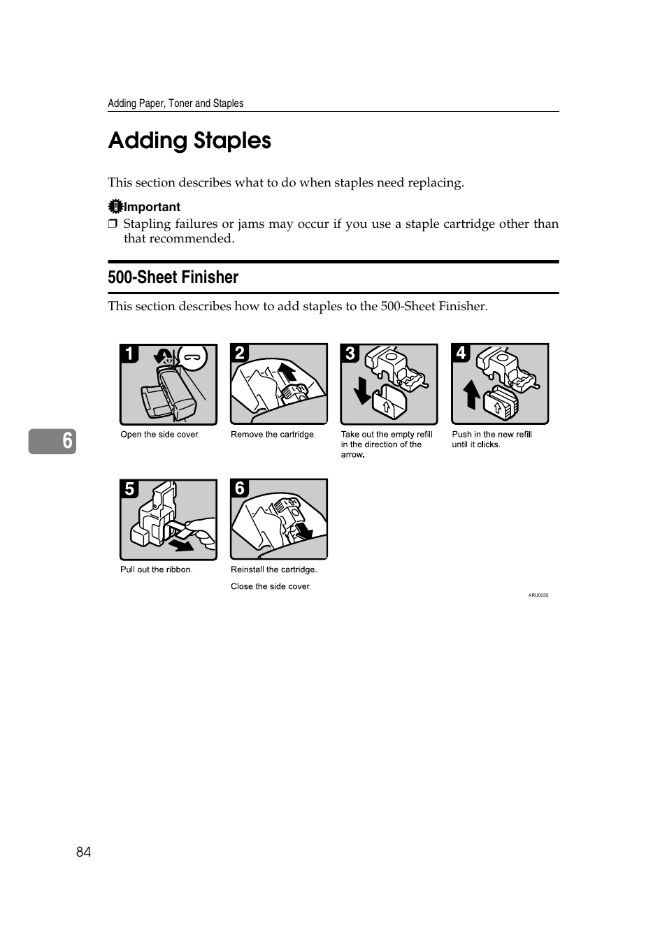 Adding staples, Sheet finisher, Out. see p.84 “adding sta- ples | 6adding staples | Ricoh 8030e User Manual | Page 92 / 114