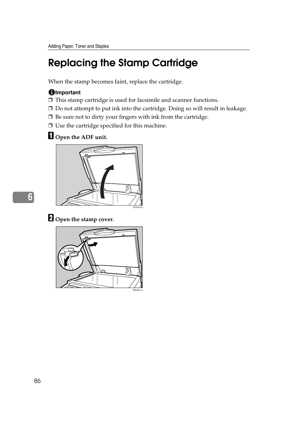 Replacing the stamp cartridge, 6replacing the stamp cartridge | Ricoh 8030e User Manual | Page 94 / 114