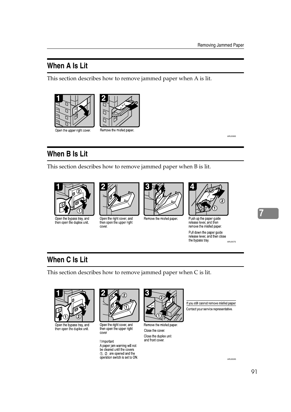 When a is lit, When b is lit, When c is lit | When a is lit when b is lit when c is lit | Ricoh 8030e User Manual | Page 99 / 114