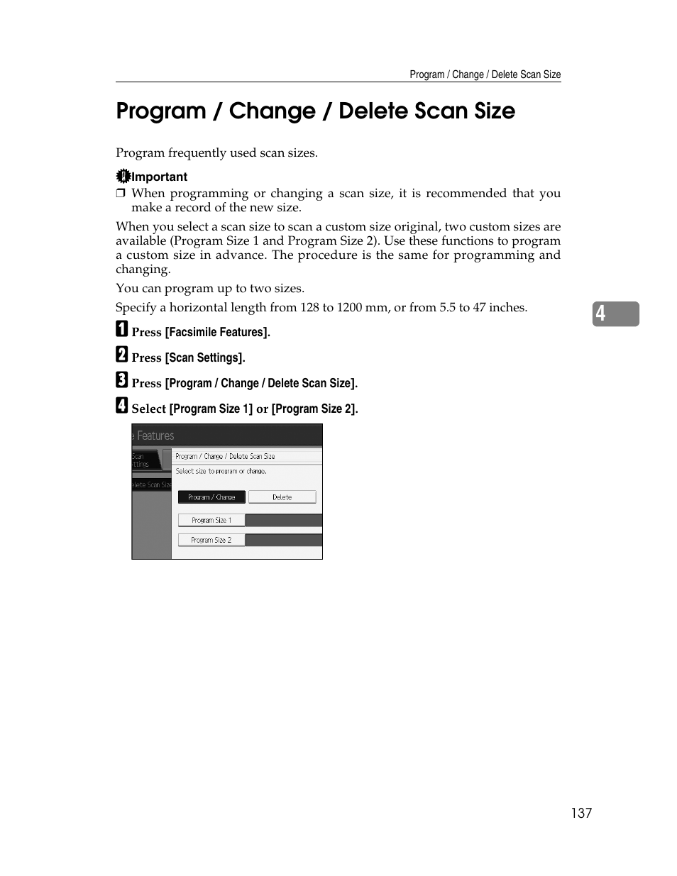 Program / change / delete scan size, 4program / change / delete scan size | Ricoh Aficio MP 6000 User Manual | Page 147 / 310