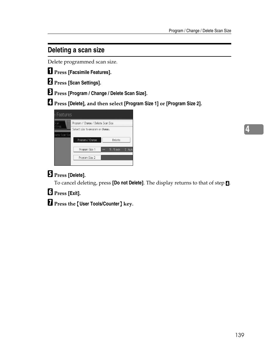Deleting a scan size | Ricoh Aficio MP 6000 User Manual | Page 149 / 310