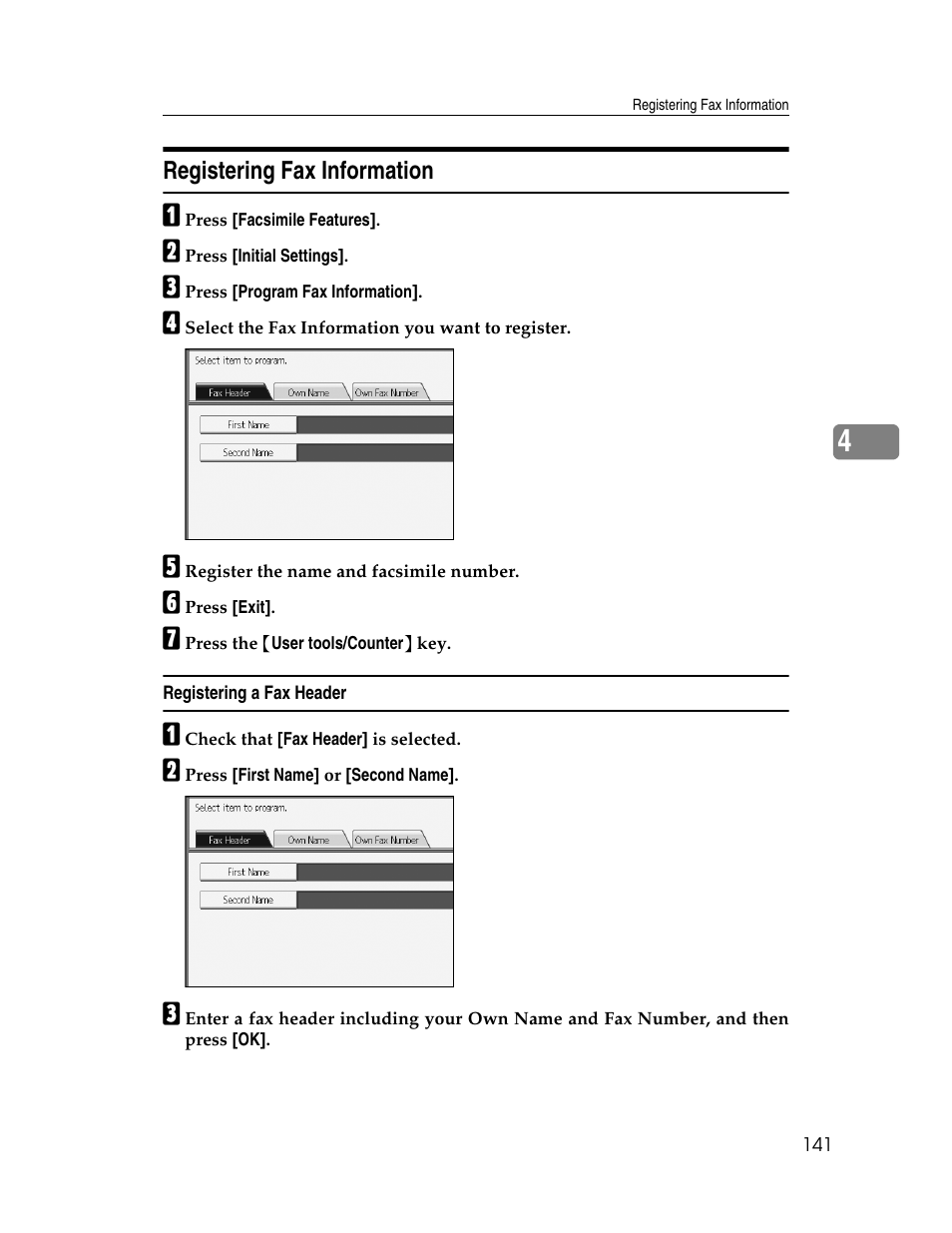 Registering fax information, Registering a fax header | Ricoh Aficio MP 6000 User Manual | Page 151 / 310
