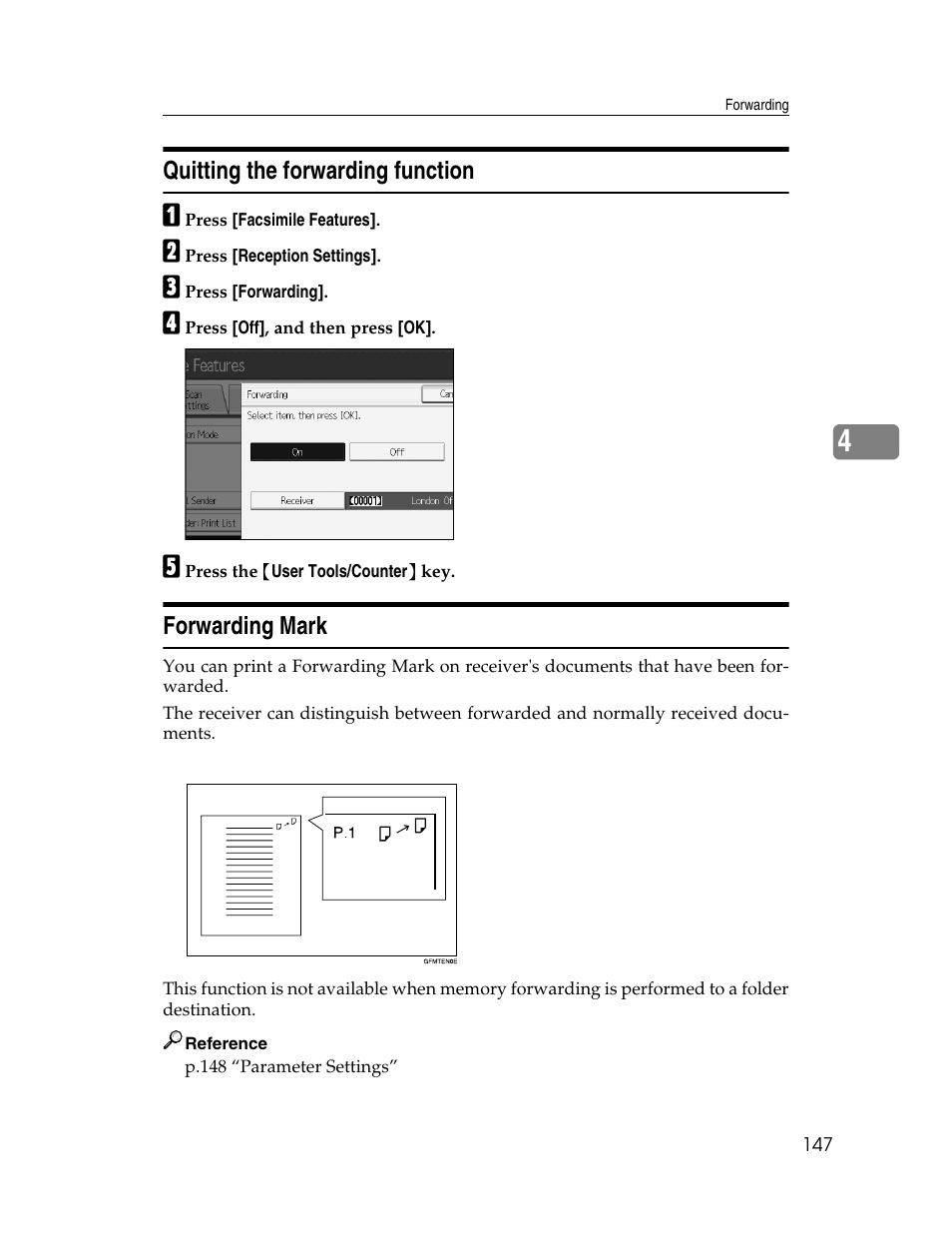 Quitting the forwarding function, Forwarding mark, Quitting the forwarding function forwarding mark | Ricoh Aficio MP 6000 User Manual | Page 157 / 310
