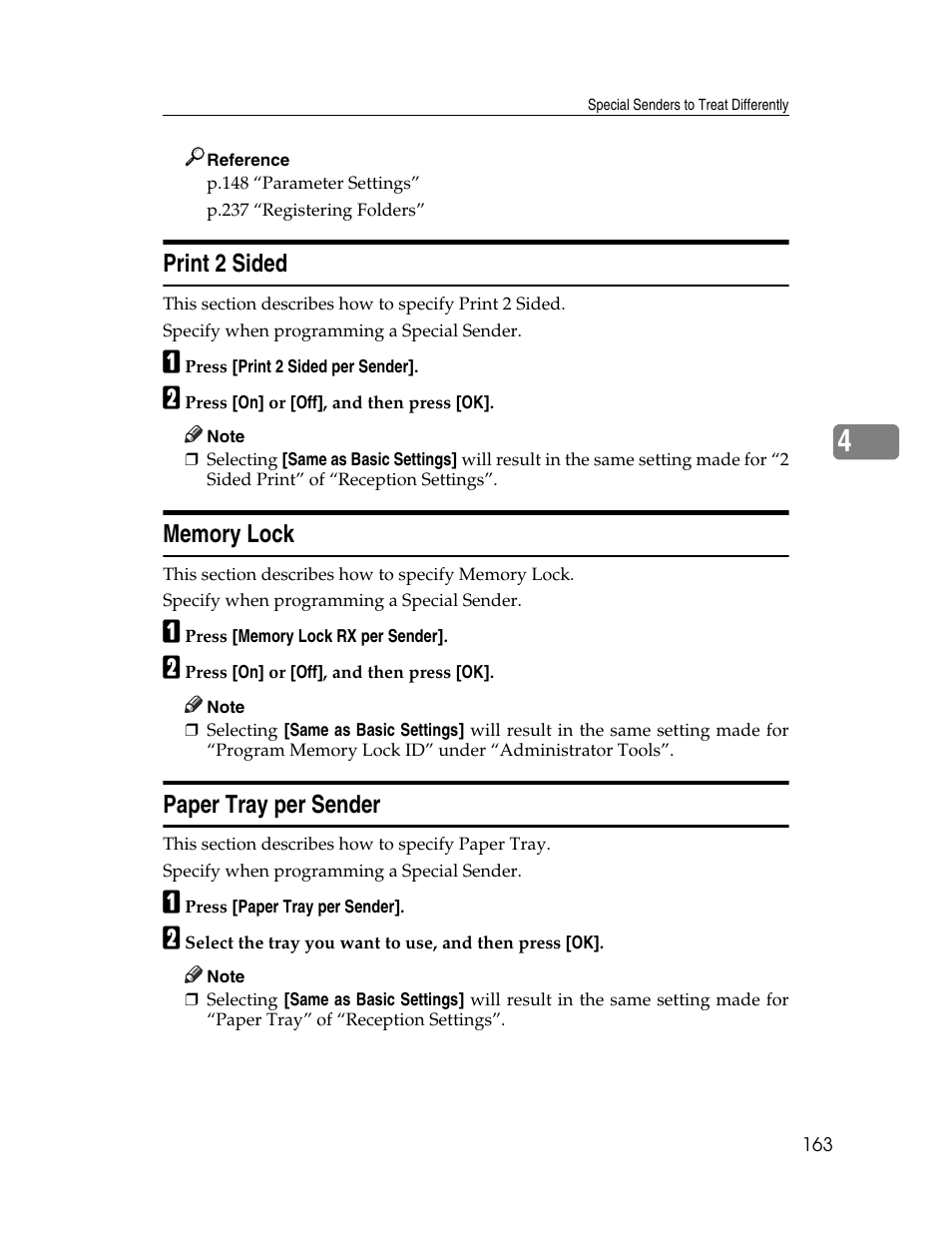 Print 2 sided, Memory lock, Paper tray per sender | Print 2 sided memory lock paper tray per sender | Ricoh Aficio MP 6000 User Manual | Page 173 / 310