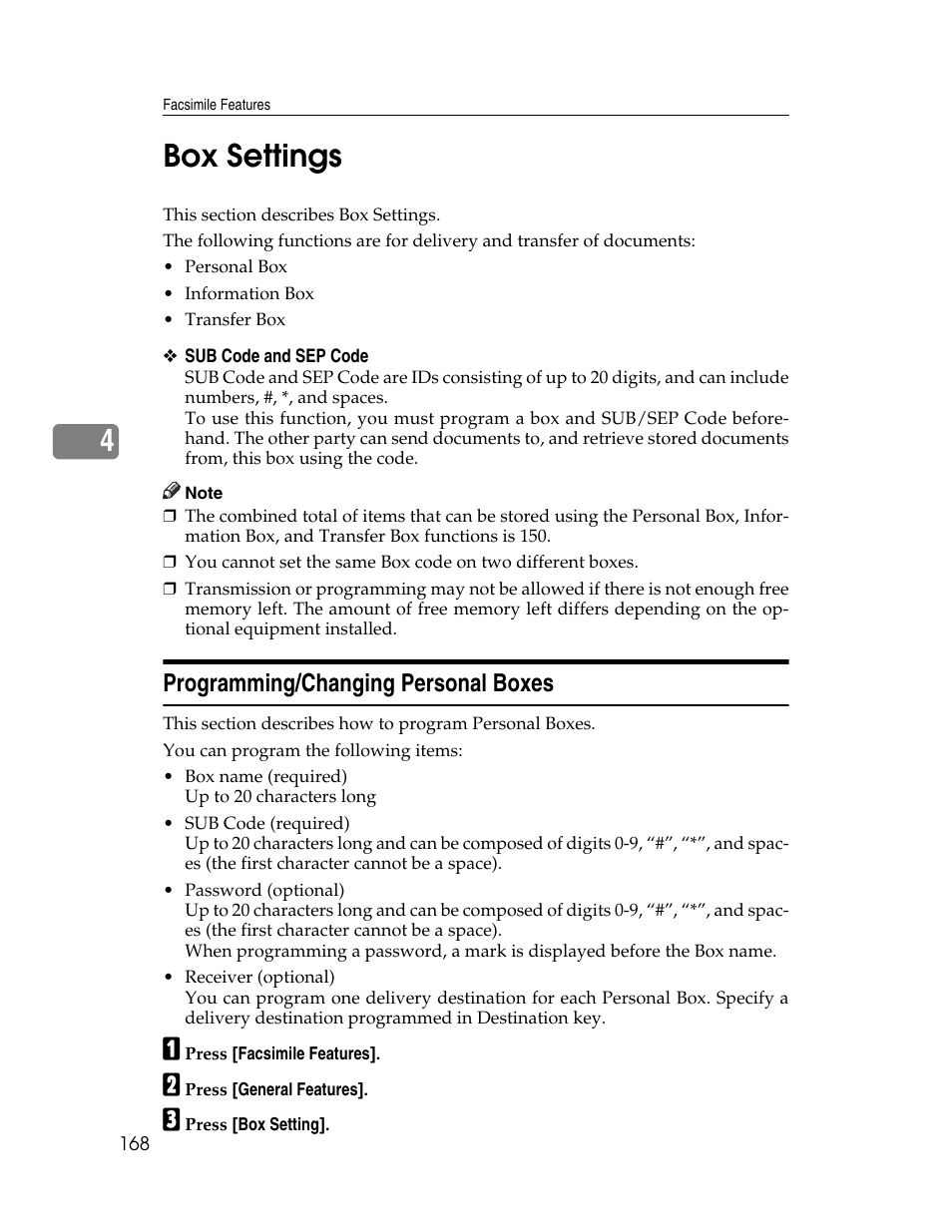 Box settings, Programming/changing personal boxes, 4box settings | Ricoh Aficio MP 6000 User Manual | Page 178 / 310