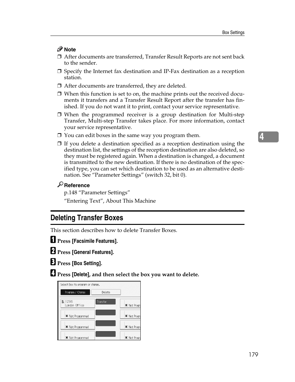 Deleting transfer boxes | Ricoh Aficio MP 6000 User Manual | Page 189 / 310