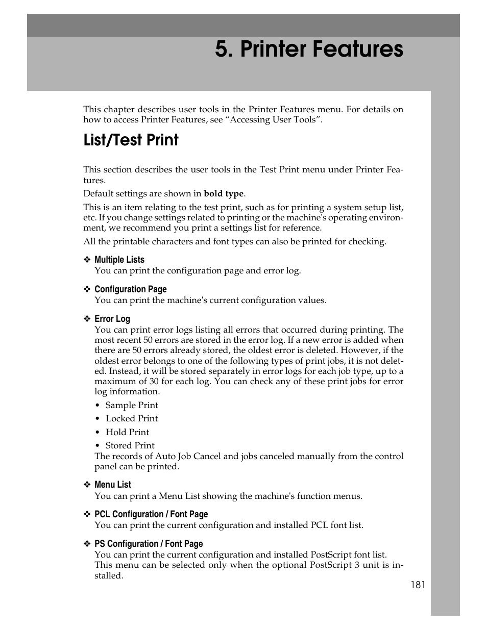 Printer features, List/test print | Ricoh Aficio MP 6000 User Manual | Page 191 / 310
