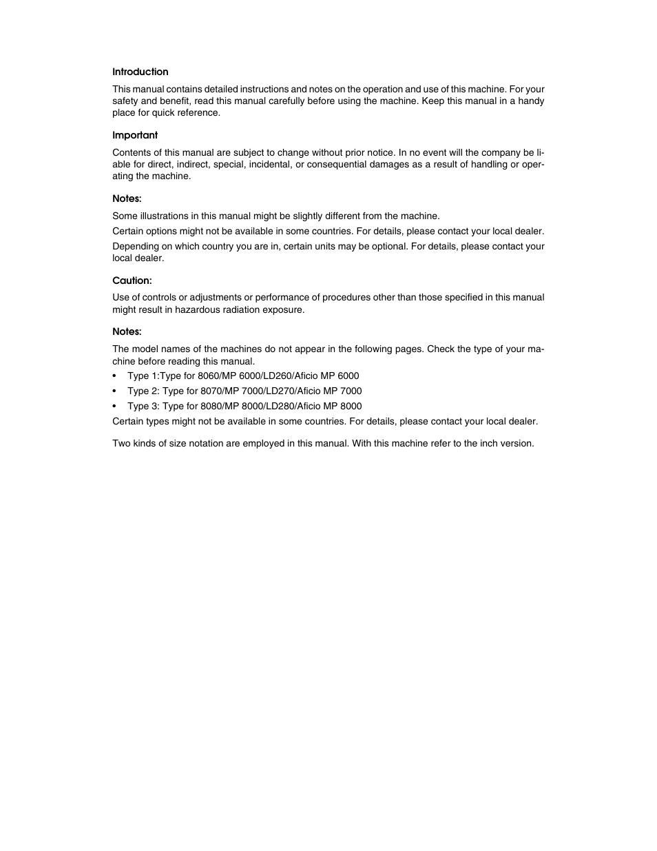 Introduction, Important, Notes | Caution | Ricoh Aficio MP 6000 User Manual | Page 2 / 310