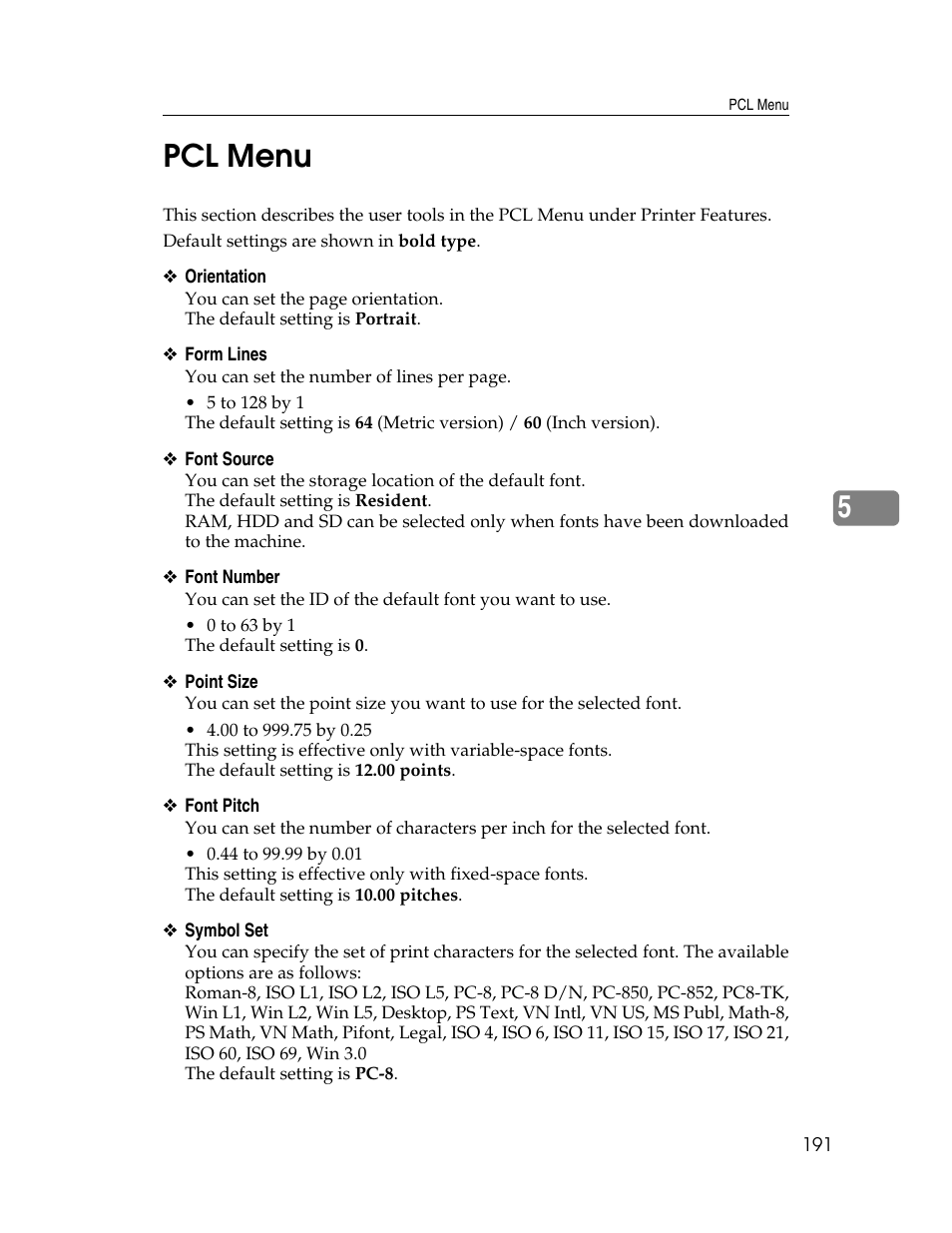 Pcl menu, 5pcl menu | Ricoh Aficio MP 6000 User Manual | Page 201 / 310