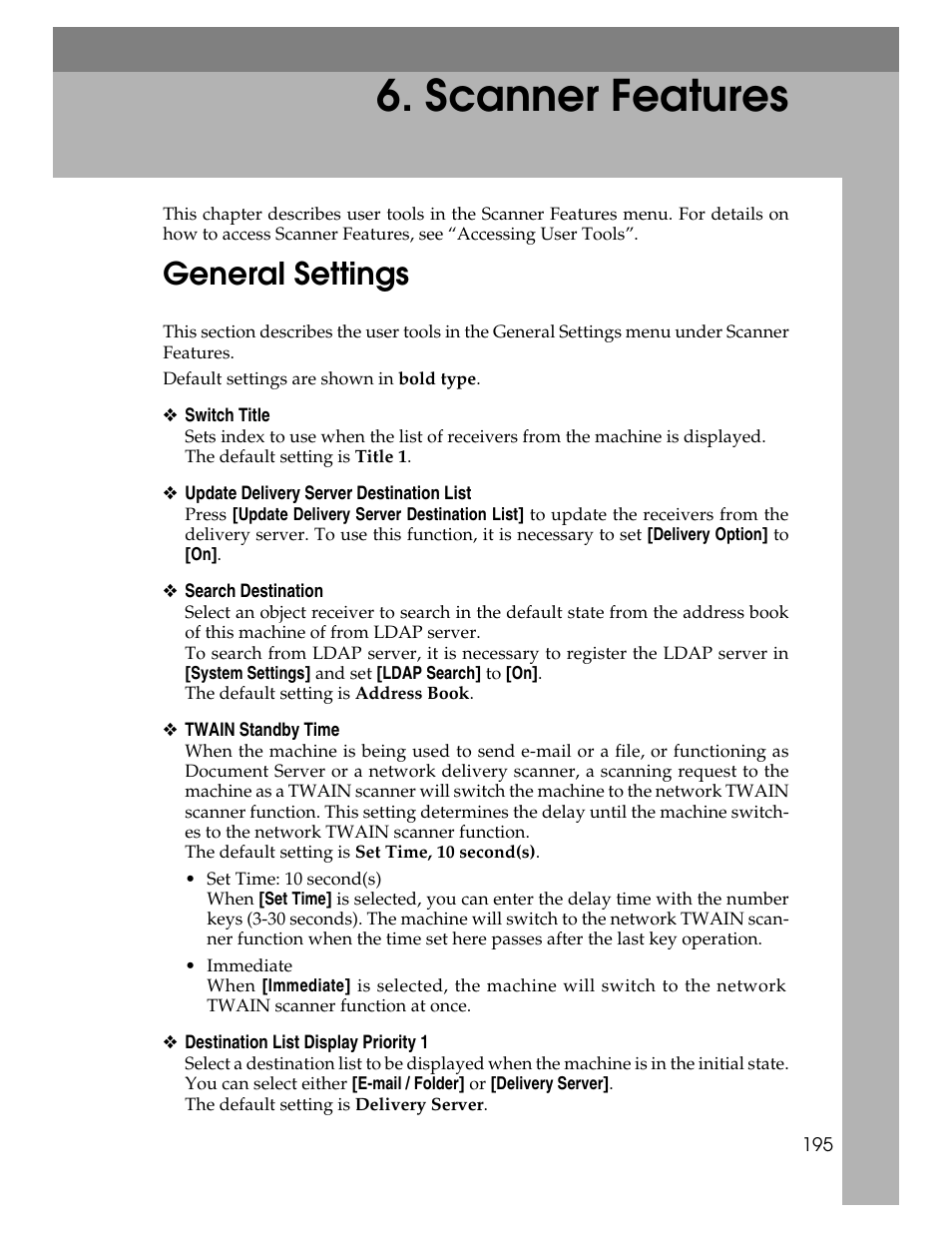 Scanner features, General settings | Ricoh Aficio MP 6000 User Manual | Page 205 / 310