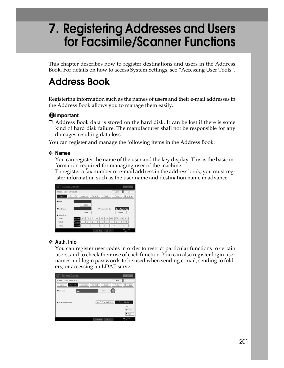 Address book, P.201 “address book | Ricoh Aficio MP 6000 User Manual | Page 211 / 310