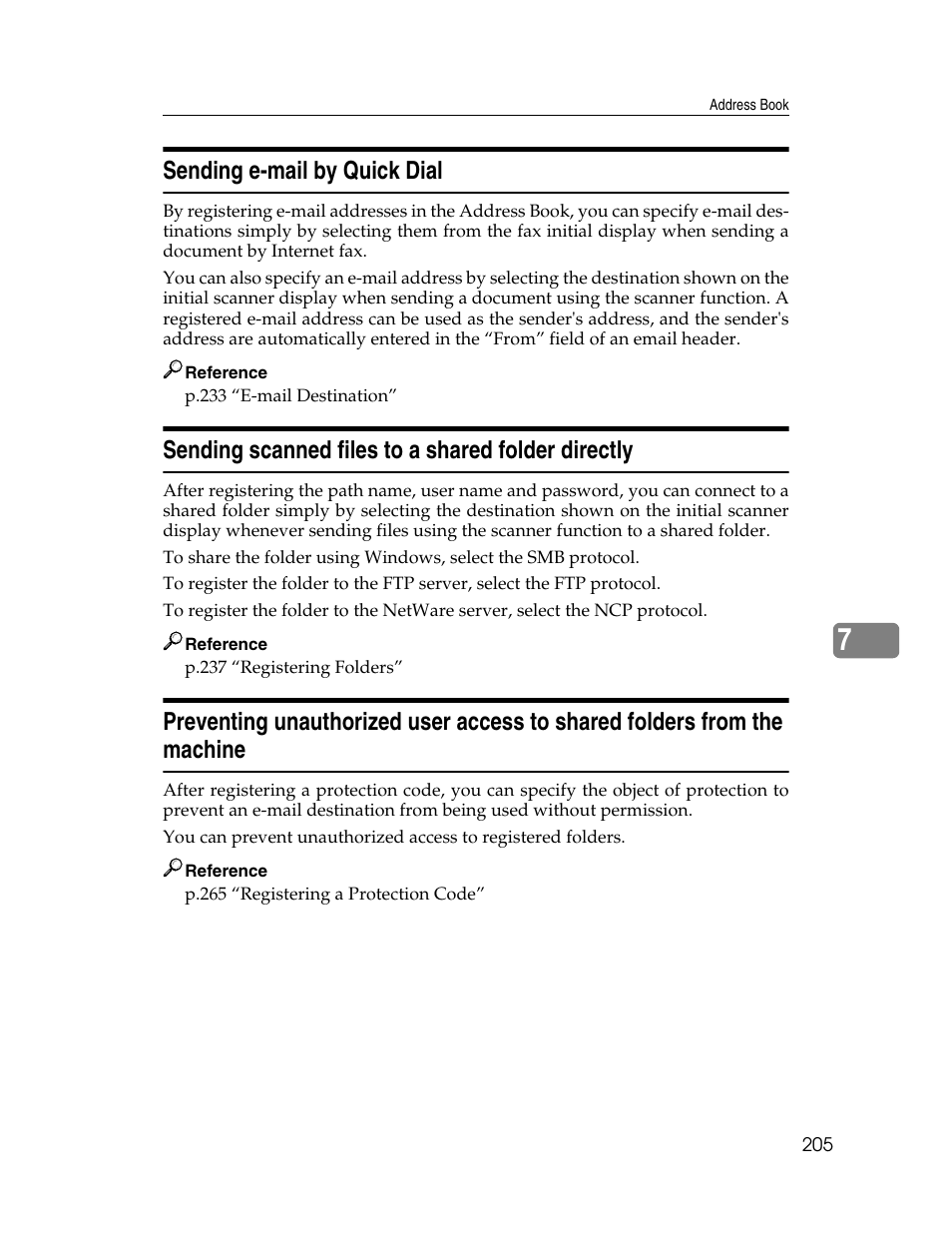 Sending e-mail by quick dial, Sending scanned files to a shared folder directly | Ricoh Aficio MP 6000 User Manual | Page 215 / 310