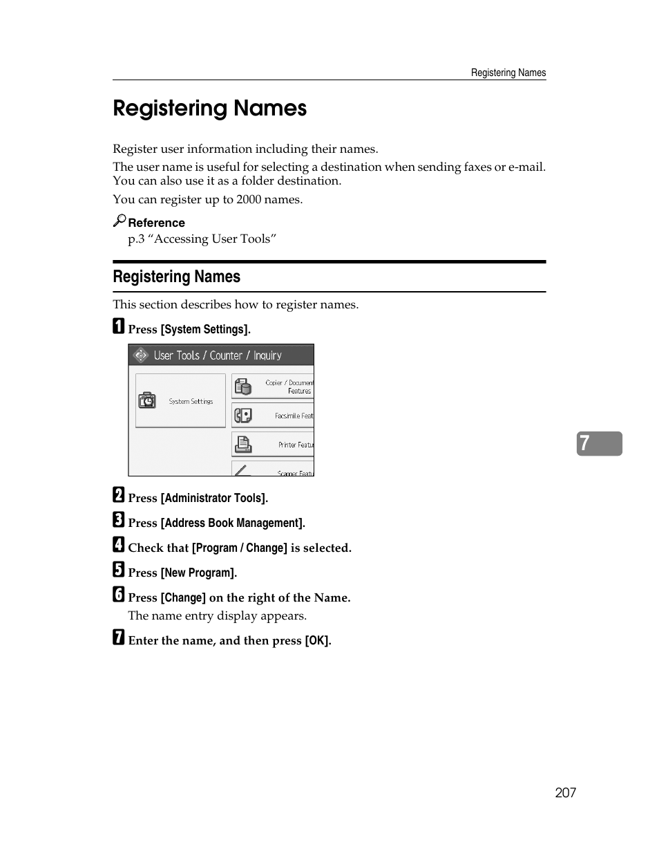 Registering names, 7registering names | Ricoh Aficio MP 6000 User Manual | Page 217 / 310