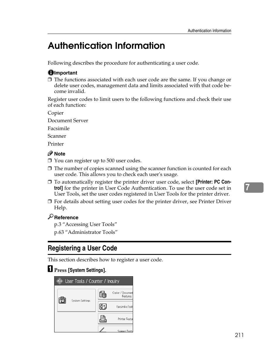 Authentication information, Registering a user code, 7authentication information | Ricoh Aficio MP 6000 User Manual | Page 221 / 310