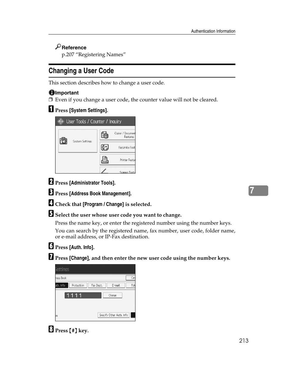Changing a user code | Ricoh Aficio MP 6000 User Manual | Page 223 / 310