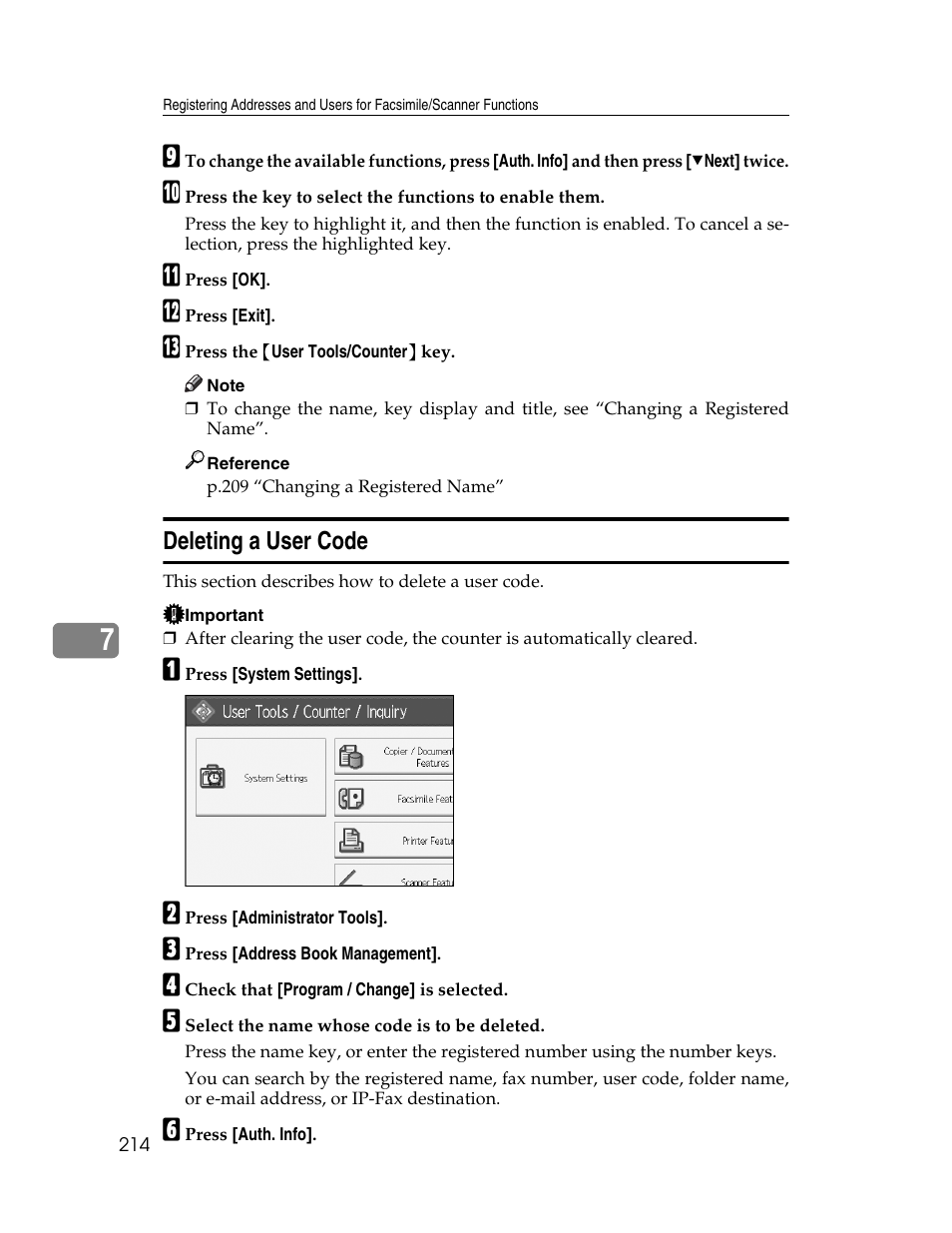 Deleting a user code | Ricoh Aficio MP 6000 User Manual | Page 224 / 310