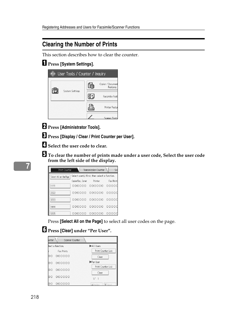 Clearing the number of prints | Ricoh Aficio MP 6000 User Manual | Page 228 / 310