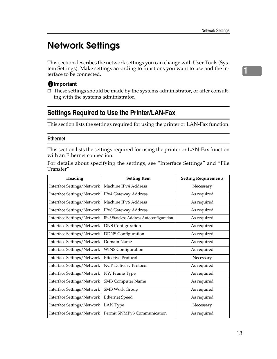 Network settings, Settings required to use the printer/lan-fax, Ethernet | 1network settings | Ricoh Aficio MP 6000 User Manual | Page 23 / 310
