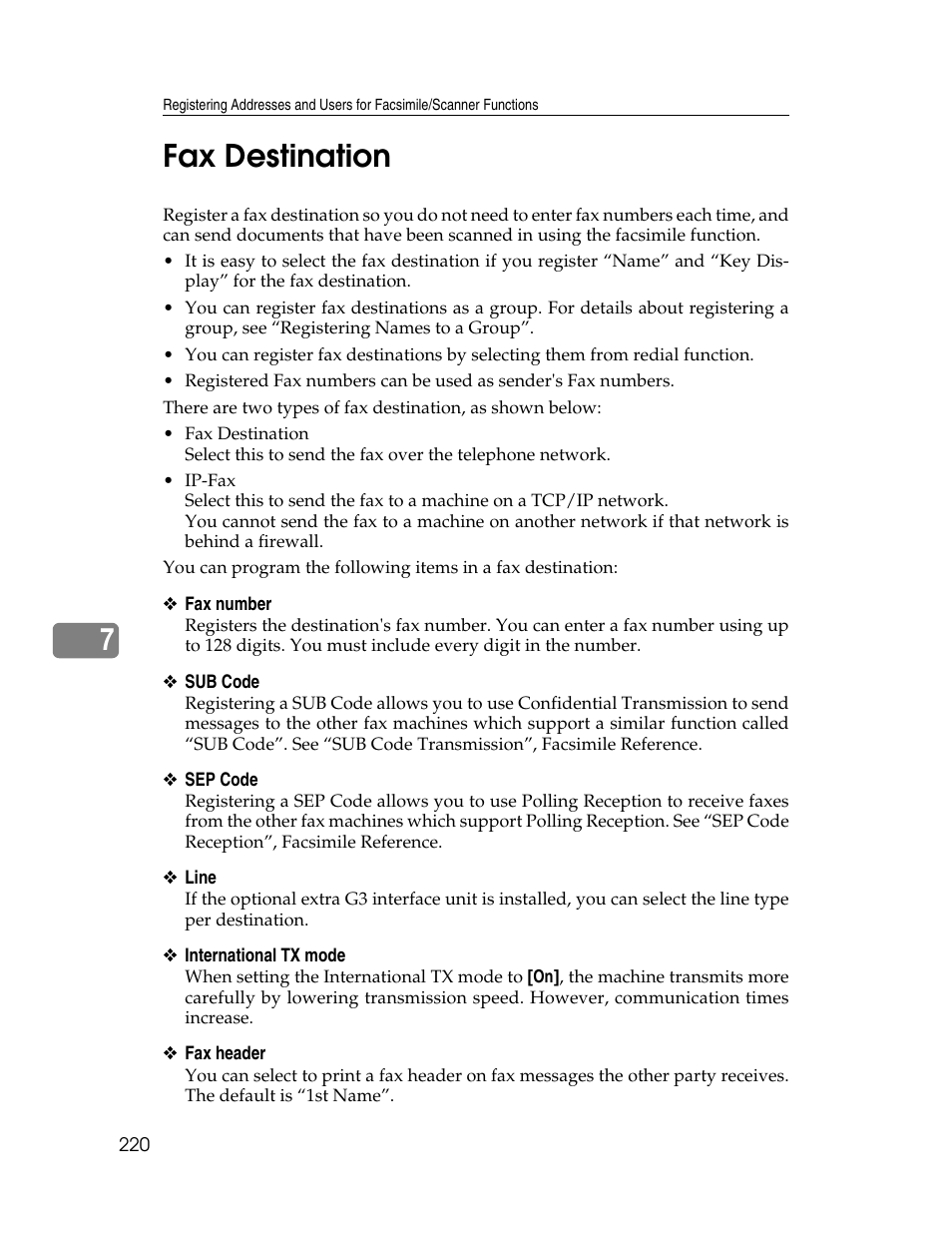 Fax destination, 7fax destination | Ricoh Aficio MP 6000 User Manual | Page 230 / 310