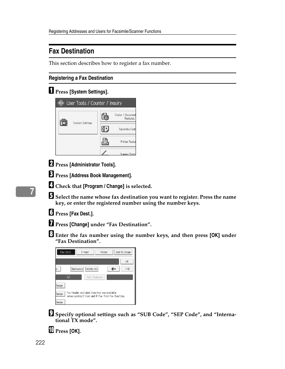 Fax destination, Registering a fax destination, P.222 “registering a fax destination | Ricoh Aficio MP 6000 User Manual | Page 232 / 310