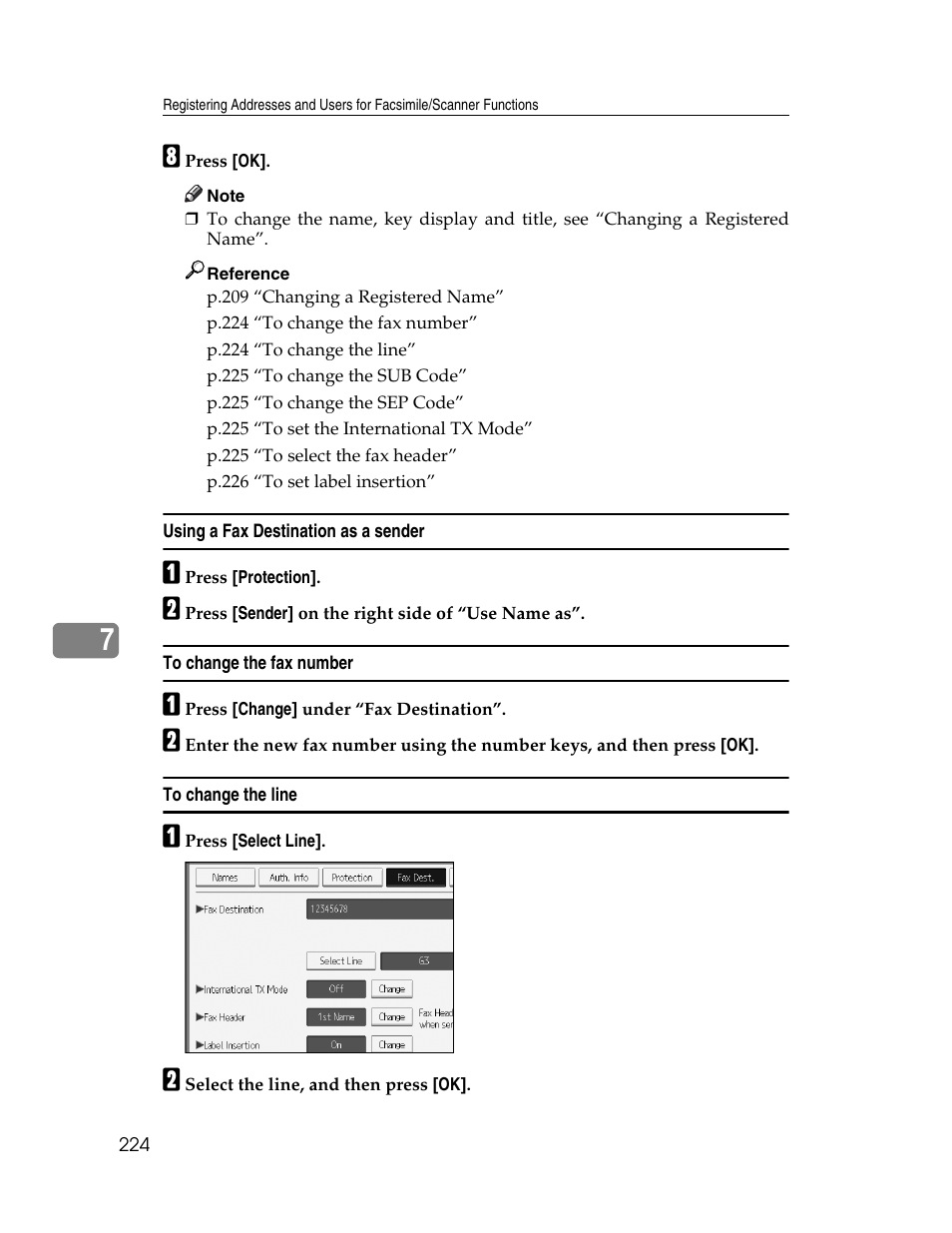 Using a fax destination as a sender, To change the fax number, To change the line | Ricoh Aficio MP 6000 User Manual | Page 234 / 310