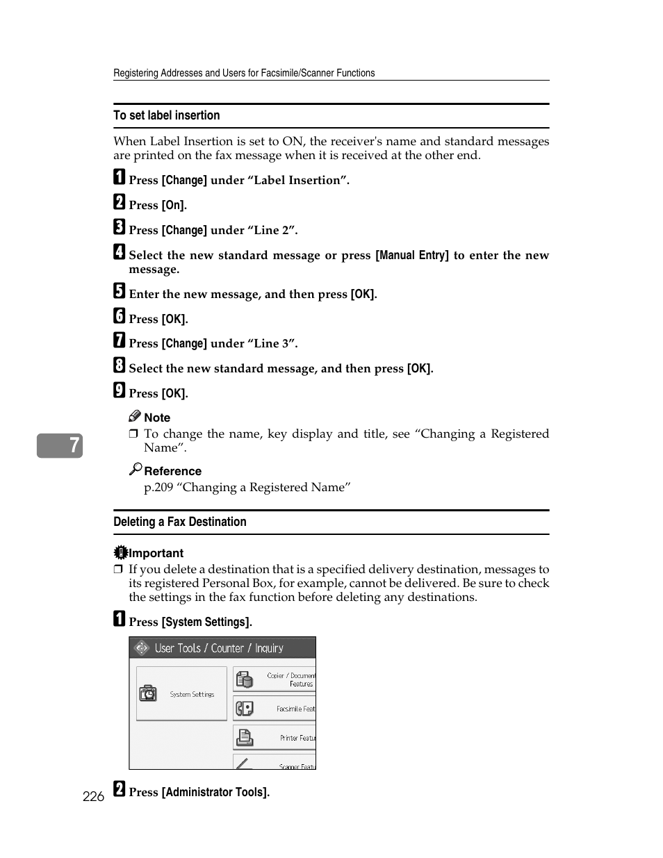 To set label insertion, Deleting a fax destination, P.226 “to set label insertion | Ricoh Aficio MP 6000 User Manual | Page 236 / 310