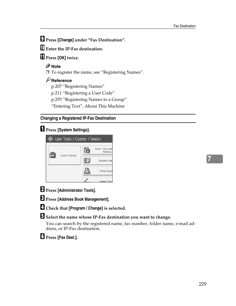Changing a registered ip-fax destination | Ricoh Aficio MP 6000 User Manual | Page 239 / 310