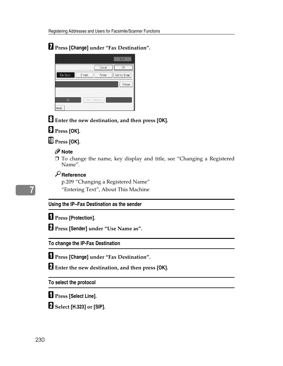 Using the ip–fax destination as the sender, To change the ip-fax destination, To select the protocol | Ricoh Aficio MP 6000 User Manual | Page 240 / 310