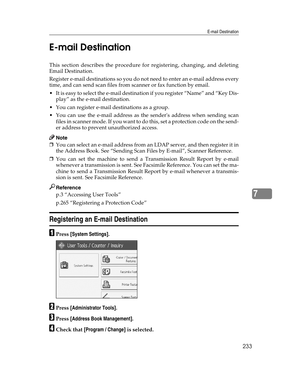 E-mail destination, Registering an e-mail destination, 7e-mail destination | Ricoh Aficio MP 6000 User Manual | Page 243 / 310