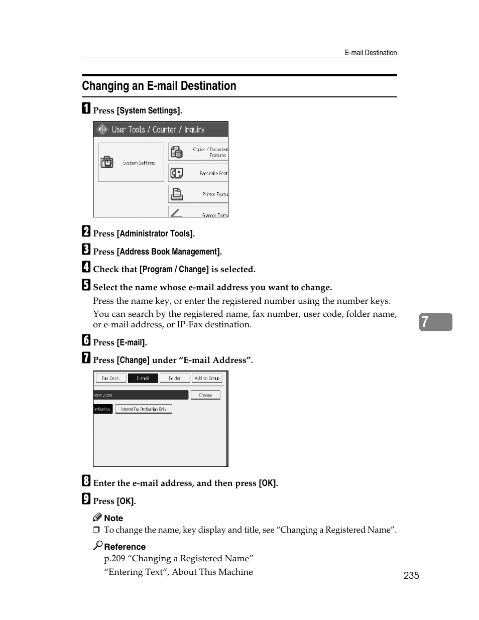 Changing an e-mail destination | Ricoh Aficio MP 6000 User Manual | Page 245 / 310