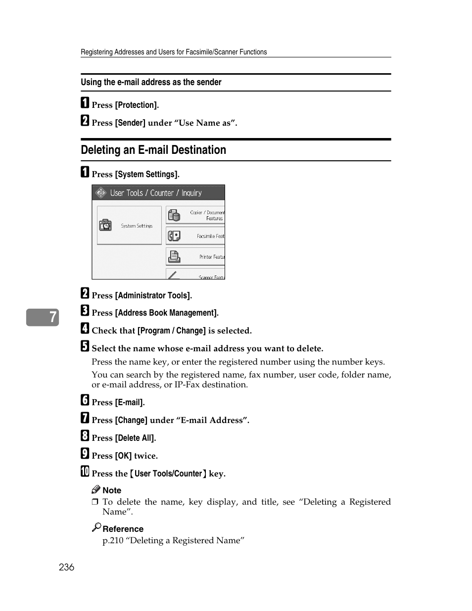 Using the e-mail address as the sender, Deleting an e-mail destination | Ricoh Aficio MP 6000 User Manual | Page 246 / 310
