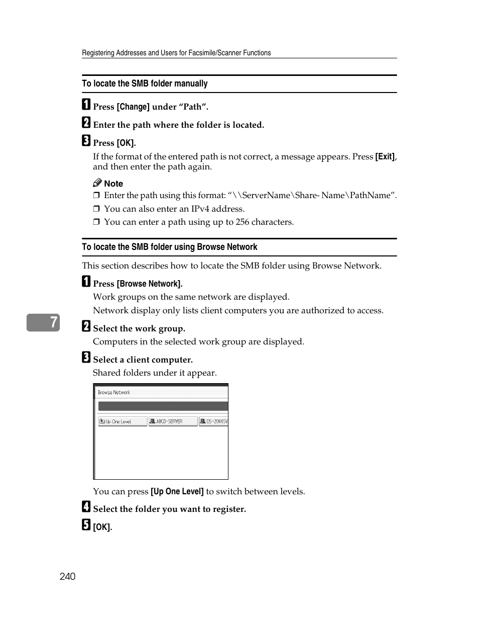 To locate the smb folder manually, To locate the smb folder using browse network | Ricoh Aficio MP 6000 User Manual | Page 250 / 310