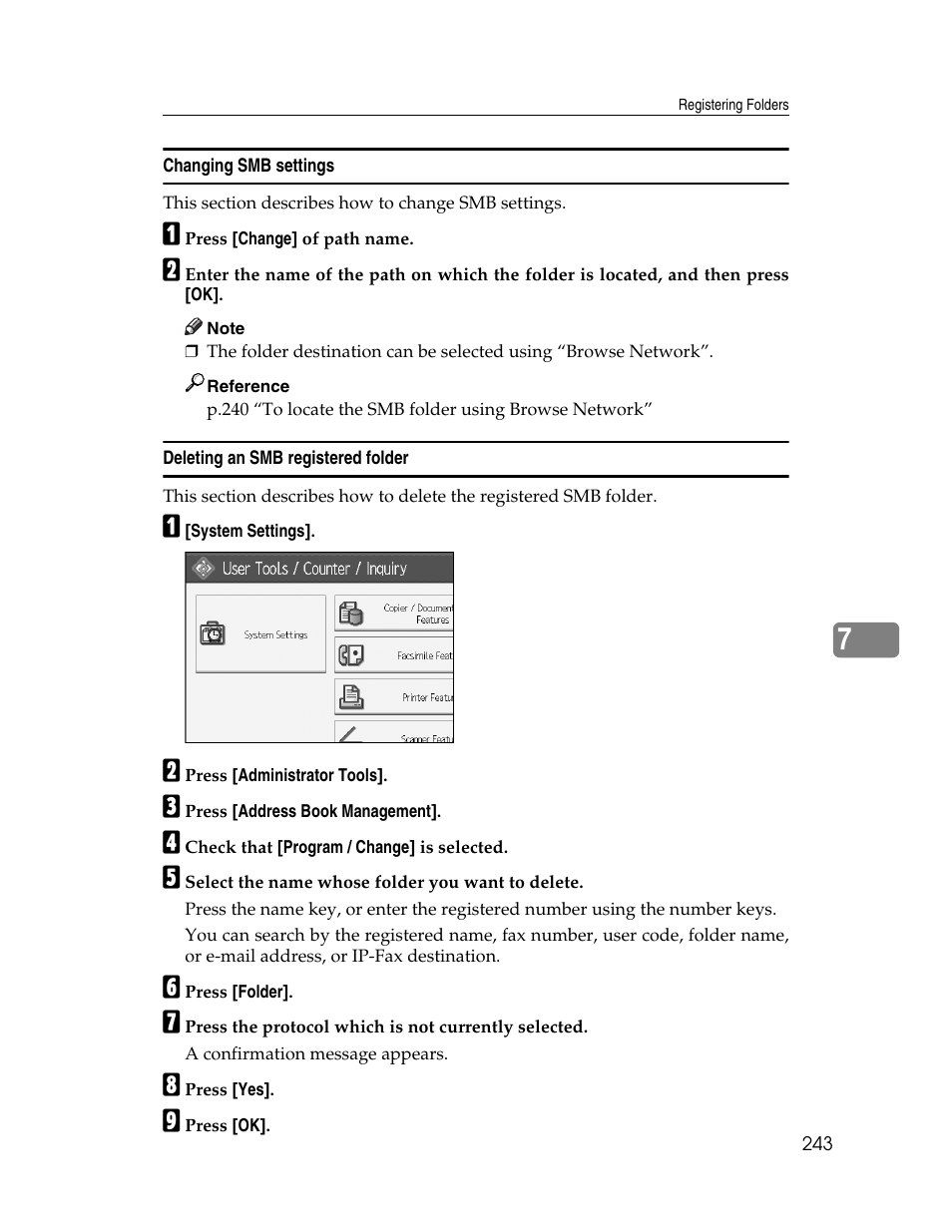 Changing smb settings, Deleting an smb registered folder | Ricoh Aficio MP 6000 User Manual | Page 253 / 310