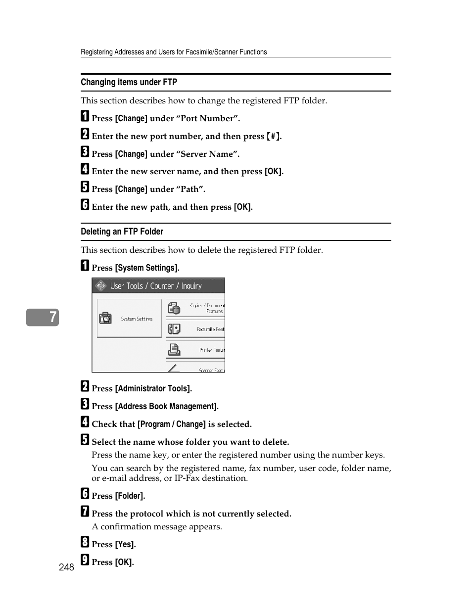 Changing items under ftp, Deleting an ftp folder | Ricoh Aficio MP 6000 User Manual | Page 258 / 310