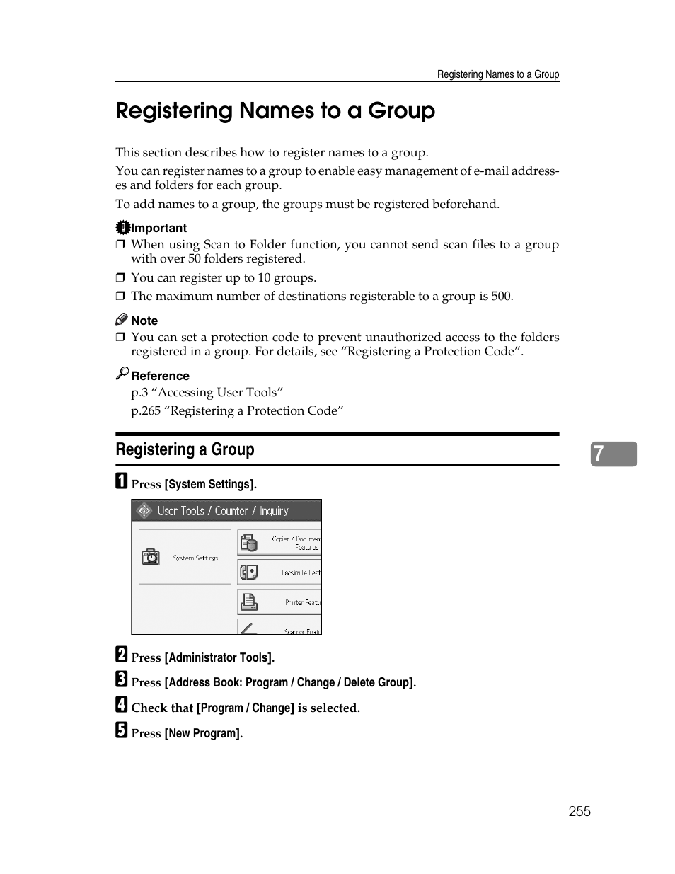 Registering names to a group, Registering a group, P.255 “registering names to a group | 7registering names to a group | Ricoh Aficio MP 6000 User Manual | Page 265 / 310