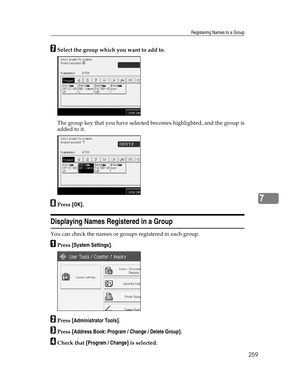 Displaying names registered in a group | Ricoh Aficio MP 6000 User Manual | Page 269 / 310