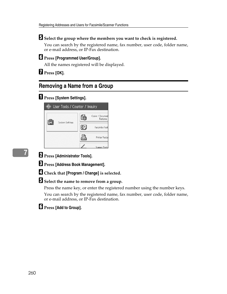 Removing a name from a group | Ricoh Aficio MP 6000 User Manual | Page 270 / 310