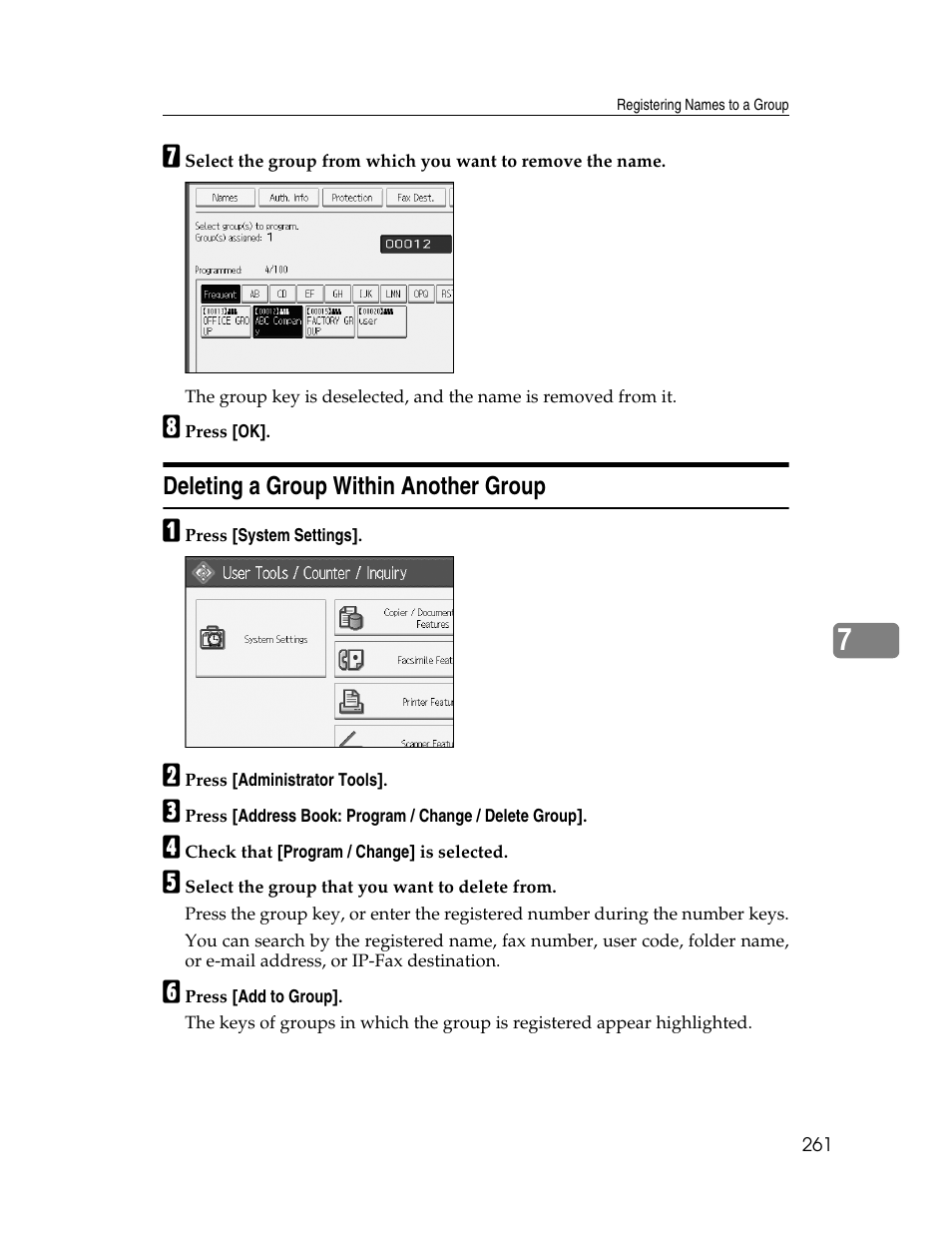 Deleting a group within another group | Ricoh Aficio MP 6000 User Manual | Page 271 / 310